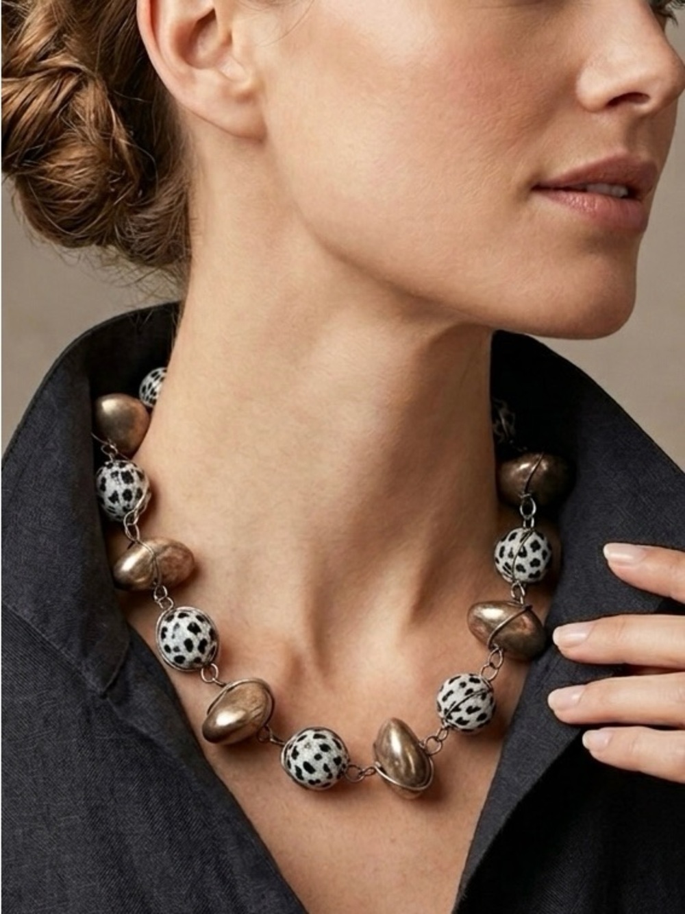 Abra Black and White Polka Dot Mixed Metal Large Nugget Beaded Necklace